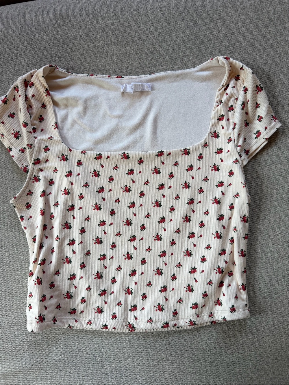 Cream Floral Ribbed Square-Neck Crop Top